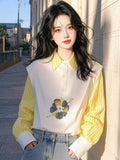 Design Yellow Stripe Splicing Print POLO Collar Shirt Female Senior Sense Light Luxury To Reduce The Age Of The Gas