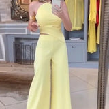Zingj New 2024 Summer Fashion Sexy Hollow-Back Solid Color Wide-Leg Jumpsuit-Outfit