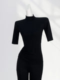 Zingj High Temperament Style Half High Collar Sleeve Bottom Shirt Female Five Sleeve Black With Short Sleeve Slim