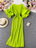 Round Neck Flare Short Sleeve Pleated Long Dress Vintage High Waist Ruffles Female Vestidos New Fashion Robe Mujer