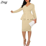 Sexy V Neck Party Dress Women Elegant Solid Long Sleeve Long Dress Boho Fashion Office Lady Dresses