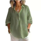 New Solid Color Leisure Loose Size V Collar Long Sleeve Top Shirt