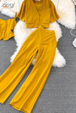 Women Three Pieces Set Elegant V-Neck Short Blouse + Strap Camis + Wide Leg Pants Suit Green/Red/Yellow Spring Fall