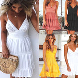 Solid Women's Summer Sleeveless V Neck Backless Mini Dress Evening Party Beach Dress Sundress Open Back Lace Bow