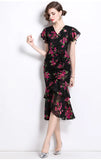 Retro Niche Design Drawstring Print V-Neck Dress Summer Women's Pocketed Fishtail Skirt