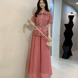 French-Style Suit Women's Fashion Collar Short-Sleeved Waist Top + High-Waisted 100-Folded Skirt Two-Set