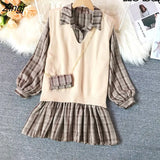 Style Sets Women Retro Plaid Mini Pleated Dress Knitted Vest Spring Autumn Elegant Korean Outfits Sweet Vintage