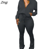 Solid Color Casual Two Piece Set Sexy Ladies Turn Down Collar Long Sleeves Jacket+High Waist Pants Clubwear