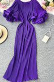 Round Neck Flare Short Sleeve Pleated Long Dress Vintage High Waist Ruffles Female Vestidos New Fashion Robe Mujer