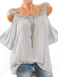 Off Shoulder Summer Blouse with Lace Flower Women 2023 Short Sleeve O-neck Shirt Sexy Lady Solid Top Loose Clothes