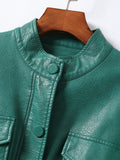 Spring Autumn Luxury Green Black Beige Leather Jacket Women with Drop Shoulder Long Sleeve Drawstring Pockets