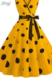 Women 2023 Summer Polka Dot Vintage Dress Sexy Deep V Neck Sleeveless Party Sundress Elegant Casual Belt Beach