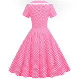 Women Summer Pink Polka Dot Party Dress Short Sleeve Sailor Collar Elegant Casual Vintage A-line Midi
