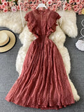 Purple/Green/Red Lace Midi Dress Women Sweet Round Neck Ruffle Vestidos Female High Waist Slim Robe Spring Autumn