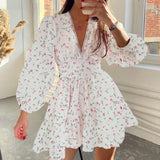 Women's Temperament Sweet Broken Flower High Waist Repair V Collar Short Long Sleeve