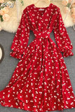 Women Red/Yellow/Green Printed Midi Dress Vintage V-Neck Flare Long Sleeve High Waist A-Line Vacation Bandage Vestido