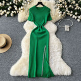 Zingj Senior Sense Dress Female Summer Sexy Sequins Slit Waist Show Thin Round Collar Short Sleeves In The Long Knit