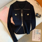 Black Ribbed Gold Button Zipper Cardigan- Outfit