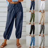 Loose High Waist Button Cotton And Linen Trousers Cropped