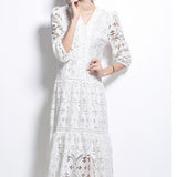 Women's Dress 2025 Winter New French Retro Hollow Hooks Waist Lantern Sleeve Long
