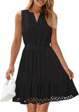 Women's Summer Sleeveless Dress V Collar Hollow Pores High Waist A Skirt Swing Short Party