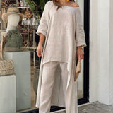 New Women's Cotton And Cotton Fashion Casual Large Code Irregular Long-Sleeved Set Of Wide Leg Pants Two