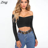 Women's Long Sleeve T-shirt Summer Fashion Casual Sexy Off Shoulder Solid Color Umbilical Exposure Sexy