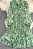 Women Floral Pleated Dress Elegant Bow Collar Flare Long Sleeve High Waist A-Line Ruffle Draped Vestidos Female Robe