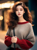 And Winter New Hong Kong Style Chic Top Female Design Color Collar Knitted Shirt Age Reduction Lantern Sleeve Long-Sleeved