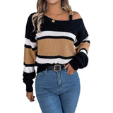 Shooting Autumn And Winter Casual Striped Striped Lantern Sleeve Metal Buckle Shoulder Cover Sweater Women's