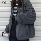 Women Zip-up Turn-down Collar Printed Pocket Long Sleeve Korean Style New Trendy Casual BF Ulzzang Harajuku Womens