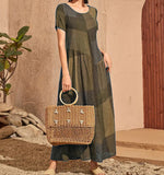 Zingj 2023 New Vintage Loose Waist Pocket Dress Casual Plaid Print Patchwork Women's Dress-Outfit