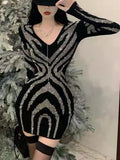Women Sexy Black Bling Diamonds Bodycon Mini Dress Female Spring Autumn Elegant V-Neck Long Sleeve High Waist Party Vestidos