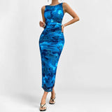 Spring Summer New Women's Temperament Elegant Sleeveless Open Forked Waist Sexy Printed Fashion
