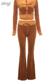 Velvet Casual Women Tracksuit 2 Piece Set Long Sleeve Zipper Sweatshirt Top+Bandage Straight Pants Female
