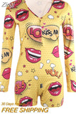 Women V-neck Bodycon Sleepwear Jumpsuit Bodysuit Shorts Romper Bodysuit Leotard Long Sleeve Lips Print Button