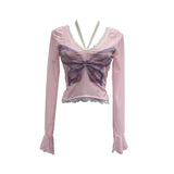 Shot Micro-Permeable Mesh Butterfly Print Splicing Lace Hanging Neck Horn Long-Sleeved T-Shirt Repair Short Top
