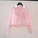 And Autumn Fashion Small Fresh Light Blue Short Shirt Women's Double Pocket Loose Long-Sleeved