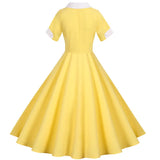Women Vintage Slim Summer Dress Solid Yellow Short Sleeve High Waist Elegant Office Party Midi Sundress Classic Robe
