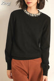 Winter pearl Beaded women long sleeve sweaters knitted white black knitwear Slim-fit top luxury designer sweater