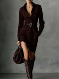 Women's Autumn And Winter Velvet Fashion Single-Dbutton Shirt Dress Skirt With