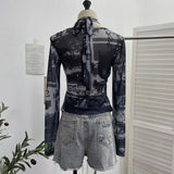 Special To The Net Yarn Design Sense Hanging Neck Top Cross Folded Repair Short T-Shirt