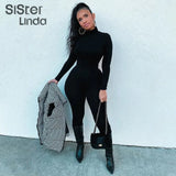 Fashion Casual Black Workout Bodycon Jumpsuits Women Rompers Long Sleeve Sporty One Piece Active Wear Jumpsuit