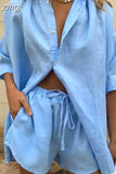 Shirt Women Loose Shorts Set Office Lady Tracksuit Long Sleeve Two Piece Sets 2023 Summer Blouses and Shorts Suit
