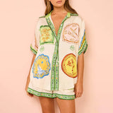 Women's New Temperament Casual Printed Shirt Short Sleeves Tight Waist Button Shorts