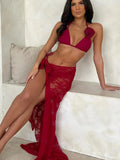 Three-Point Solid-Color Bikini Sexy Strapped Split Swimsuit Women's Three-Piece Set 2025