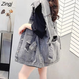 Waistcoats Women Denim Hole Vintage Frayed Solid Womens Chic Hip Hop Streetwear Outwear Trendy Ulzzang Retro Korean