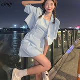 Sets Women Solid Fashion Bandage Leisure Streetwear All-match Summer Crop Blazer Korean Style Sweet 2 Piece Outfits
