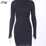 Women Dress Full Sleeve Bodycon Slim Solid Color Mini Dress Party Night Clubwear Dresses For Women