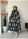 2025 New Long-Sleeved Heavyweight Bow Long Print Chiffon Sweet Dress Seaside